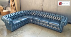 Divano Chesterfield Angolare in pelle Tamponata Blu