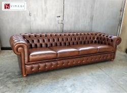 Divano Chesterfield 4 posti in pelle Tamponata Marrone